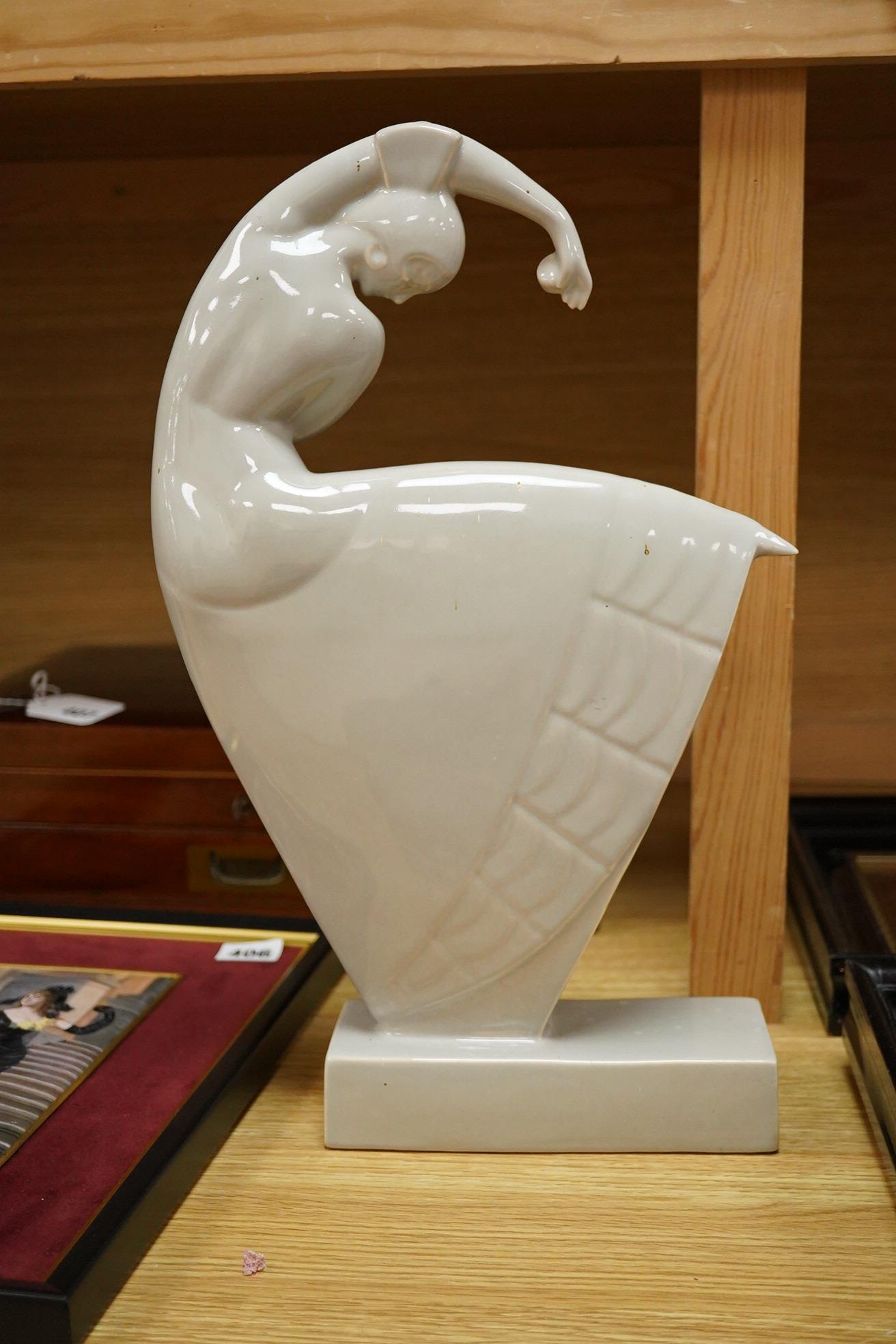 Robj, France. A Deco style grey glazed pottery ballerina, 39.5cm high